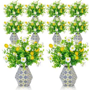 30 Pcs Amalfi Coast Party Decor-20 Artificial Lemon Branches with 10 Blue Tiles Paper Vases Mediterranean Wedding Table Centerpieces Capri Positano Party Decoration