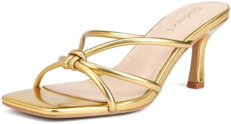 Goderci Kitten Strappy Heels for Women Knotted Square Open Toe Slip On Mule Heels Mid Heeled Sandals, Size 8
