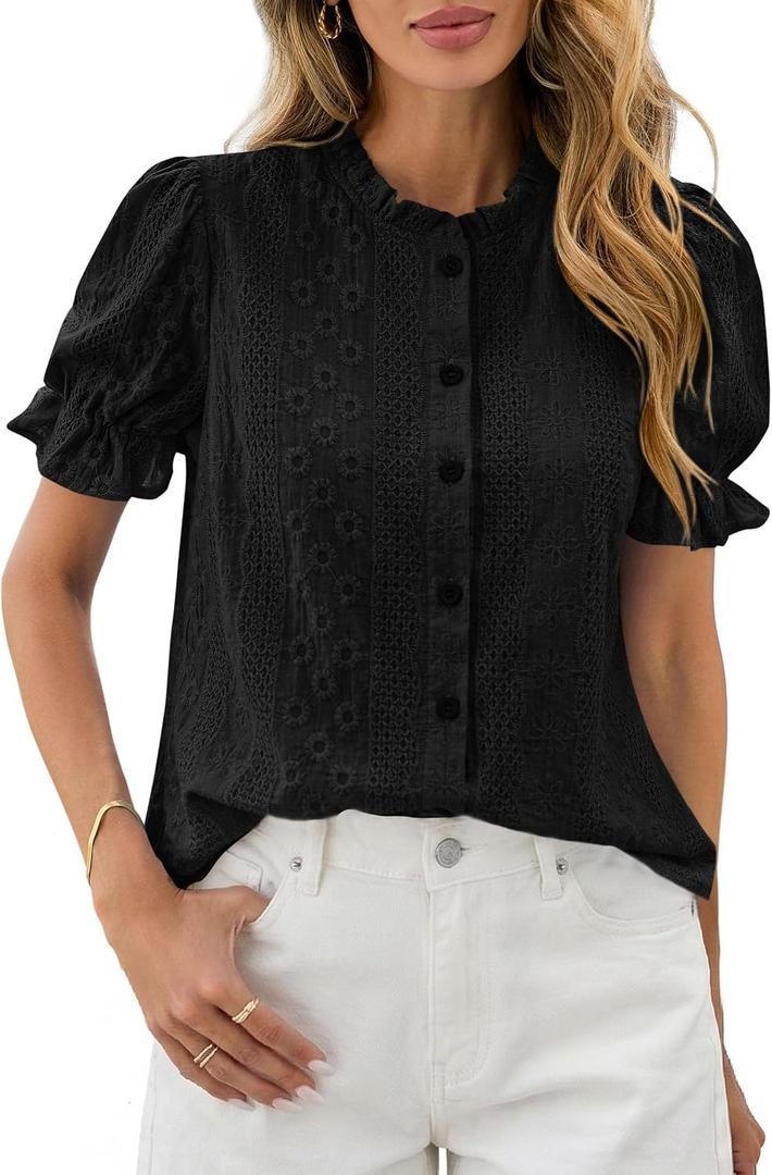 PRETTYGARDEN Womens Embroidered Puff Short Sleeve Tops 2026 Summer Spring Dressy Casual Blouses Boho Button Down Shirts Black, Large