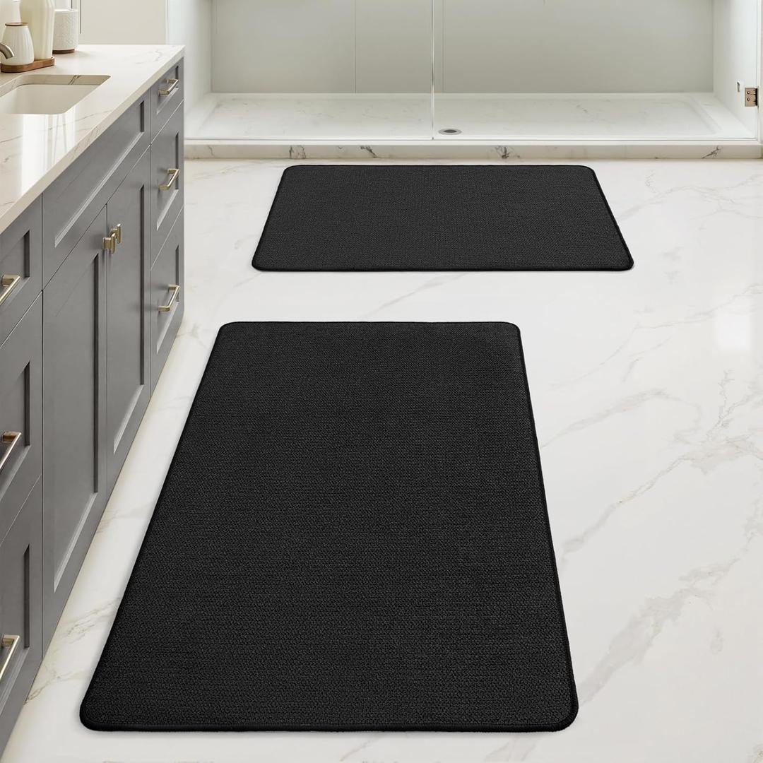 MIULEE Set of 2 Ultra Thin Bathroom Rugs, Rubber Bath Mats for Bathroom Non Slip, Quick Dry Absorbent Bath Rug Machine Washable, Fit Under Door, Shower, Sink, Halloween Decor, Black, 17"x27"+20"x32"