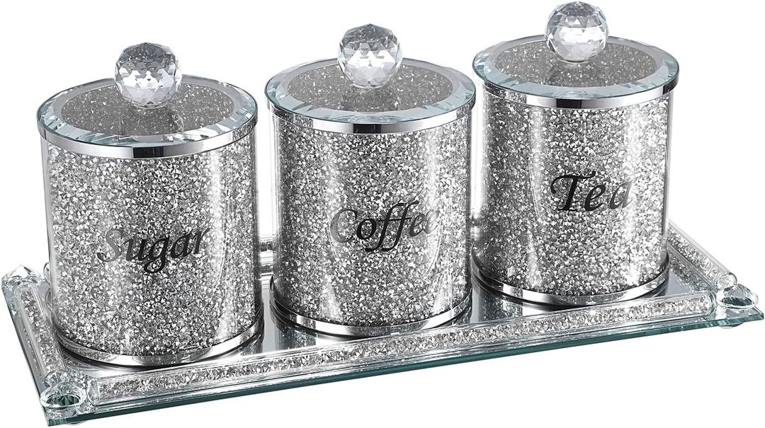 JUXYES Set of 4 Sparky Glass Crushed Diamonds Canisters Set for Sugar Coffee Tea Features Tray, Luxurious Storage Containers Sets with Lids Decorative Storage Pots for Kitchen Counter Dining Room