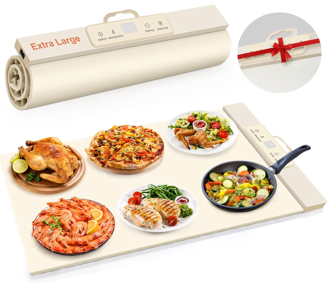 Fokzucyo Food Warming Mat,Full Surface Heat Electric Warming Tray,5 TempSettings Warming Mat for Food,Portable Silicone Food Warmer Mat with Handle,Food Warming Mat for Buffet,Parties,Gatherings