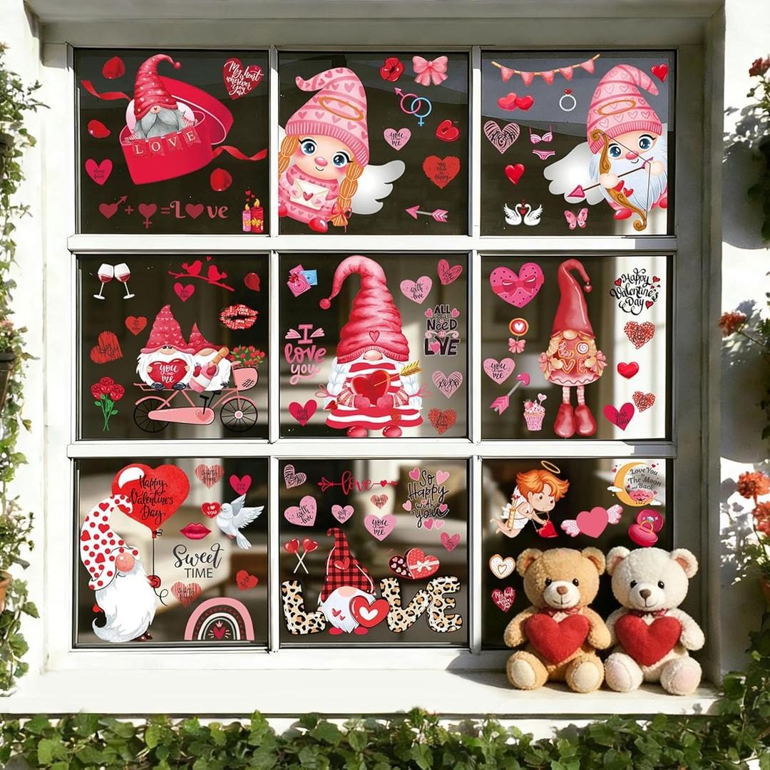2 x 9 Sheets Valentines Day Window Clings Decor: Double-Sided Gnome Window Stickers, Cute Heart & Love Static Cling Decals, Reusable Valentine Decorations for Home School Office Party and Store