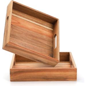 YOUEON Set of 2 Acacia Wood Serving Tray with Handles, 10x10x2 Inch Decorative Serving Trays for Food, Ottoman Tray, Square Coffee Table Trays for Dinner, Coffee, Wine, Appetizer