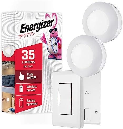 Energizer LED Puck Lights, Wall Switch Remote, 2 Pack, Battery Operated, Under Cabinet Lighting, Wireless Lights, 50 ft Range, Perfect for Kitchen Under Cabinet, Laundry Room, and More, 58822-T1