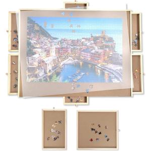 Puzzle Board, WOOD CITY 1500 Piece Wooden Jigsaw Puzzle Board with Drawers, 35 x 27 Portable Puzzle Table with Covers, Rotating Jigsaw Puzzle Table for Kids and Adults