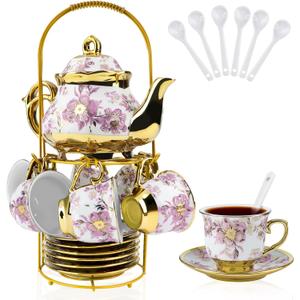 20 Pcs Porcelain Tea Set with Metal Holder, European Ceramic Tea Set for Adults, Adult Tea Set Gift, Flower Tea Cup Saucer Set for Party With Gold Flower Painting (Elegant Purple/500ml)