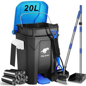 Dog Poop Trash Can Outside with Pooper Scooper and Metal Rake & Tray, 20L/5Gal Dog Waste Trash Can with Lid, Pedal and Removable Inner Waste Bin, Pet Poop Bin with 100 Bags, Blue