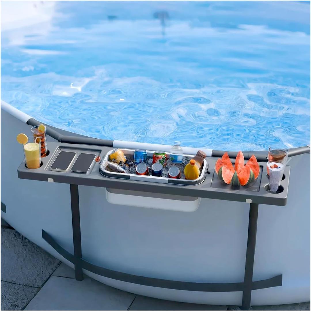 Above Ground Pool Side Bar Table, 2 in 1 Poolside Drink Holder with 4 Cup Holders, Fit for Round/Oval Frame Above Ground, Portable Swim Up Bar, 47.2 x 11.8 Inches