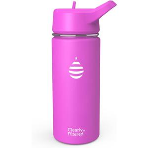Clearly Filtered Water Bottle | Removes 220+ Contaminants, Double-Wall Insulated Stainless Steel, BPA/BPS Free, Phthalate Free, Filters Flouride Lead Chlorine (16oz, Purple Dino)