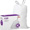 Code K Drawstring Trash Bags Compatible with simplehuman Code K | 9-12 Gallon 35-45 Liter | 100 Count | 1.2 Mil | Heavy Duty White Custom Fit Garbage Liners (Pack of 1)