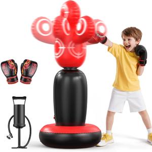 QPAU 360 Rotatable Kids Punching Bag - 64" Boxing Bag with 4 Targets & Kids Boxing Gloves, Inflatable Punching Bags with Hand Pump, Karate Taekwondo Training Gift Boys Girls