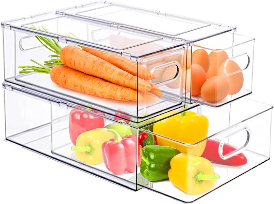 bealy 3 Pack Fridge Organizer and Storage,Clear Storge Bins with Pull-out Drawer, Fridge Drawers Clear Stackable Storage Bins Containers for Freezer, Refrigerator, Pantry, Kitchen (2 Medium + 1 Extra Large)