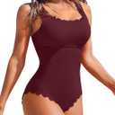 Charmo Womens Scalloped Ribbed One Piece Swimsuits Retro Square Neck Modest Bathing Suits (Large, Burgundy)