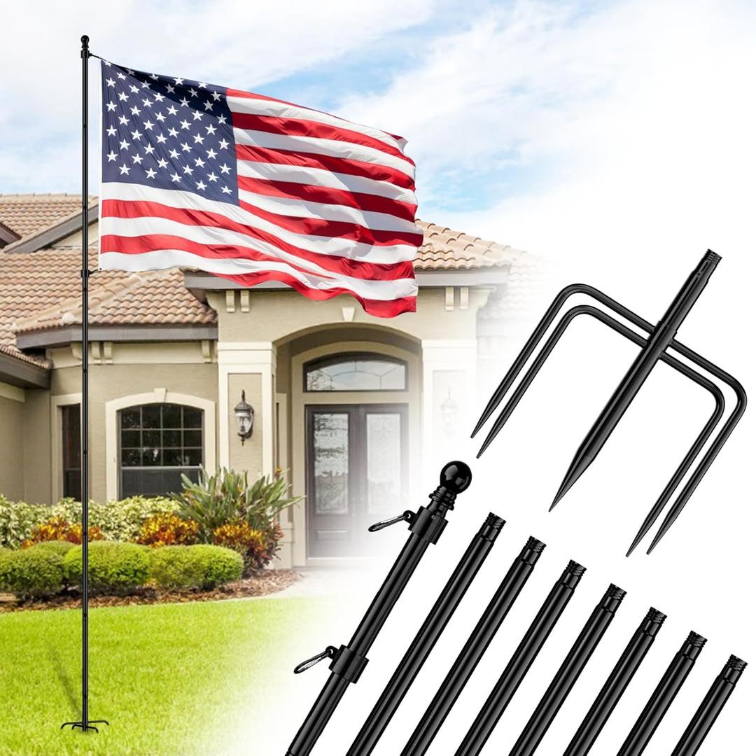 ZMTECH 10 FT Flag Pole in Ground, Heavy Duty Flag Pole Holder for Outside House with 5 Pronges Base, Extra Thick Flag Pole Kit for Yard Outdoor Garden Decor Residential Commerical(1 Pack,without Flag) (Black)