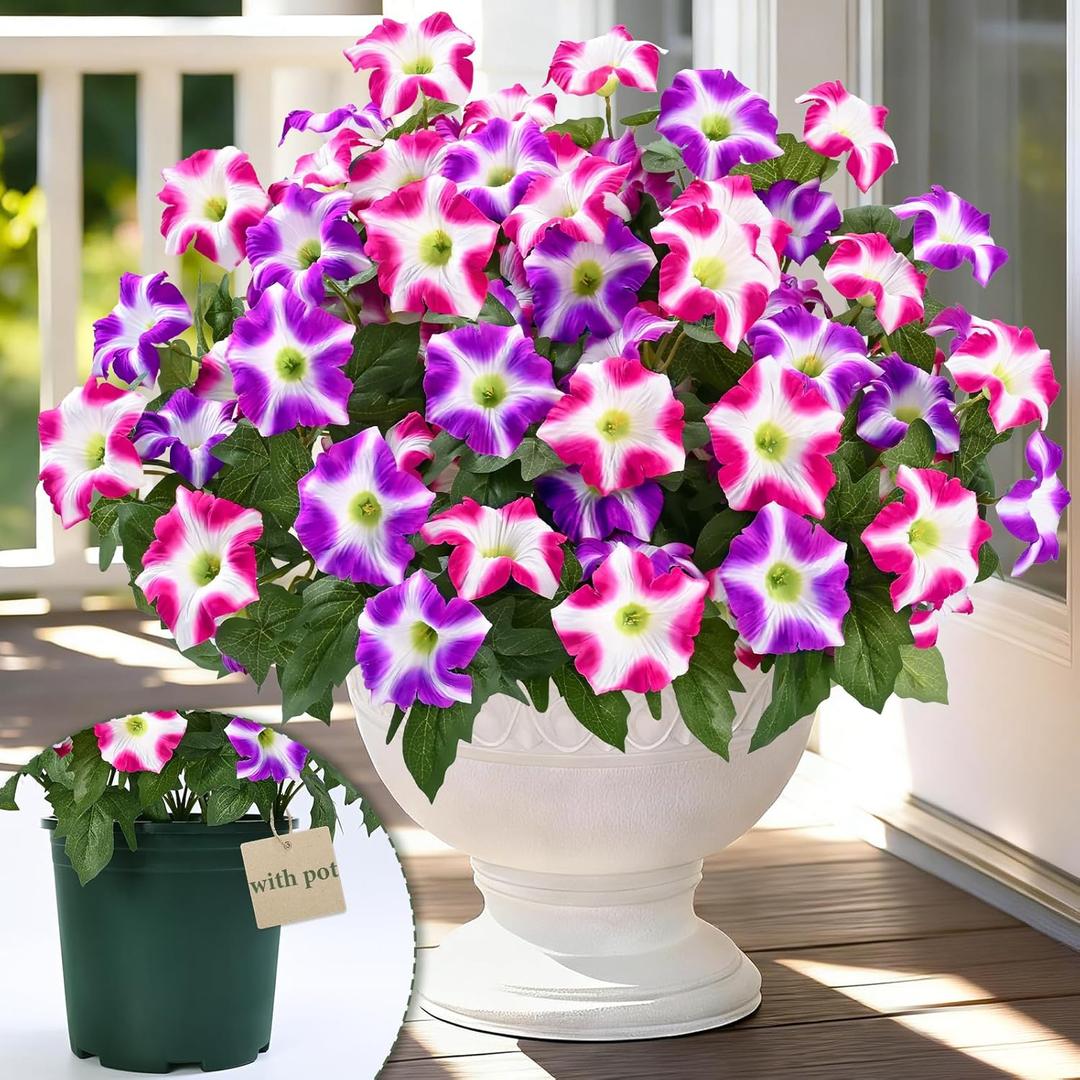 MARTINE MALL Artificial Flowers for Outdoors, 1 Potted Realistic Fake Outdoor Flowers, UV Resistant Silk Petunia Flower for Outside Look Real Faux Flower Plants in Pot for Porch Garden Decor, 20'' (Fuchsia, Rose Red)