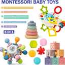 Baby Toys 6 to 12 Months, 5 In 1 Montessori Toys for 1 Year Old, Incl Travel Pull String Toy & Rattle Teether & Stacking Baby Block & Soft Infant Ring & Sensory Ball for Toddler 0-3-6-9-12 Month