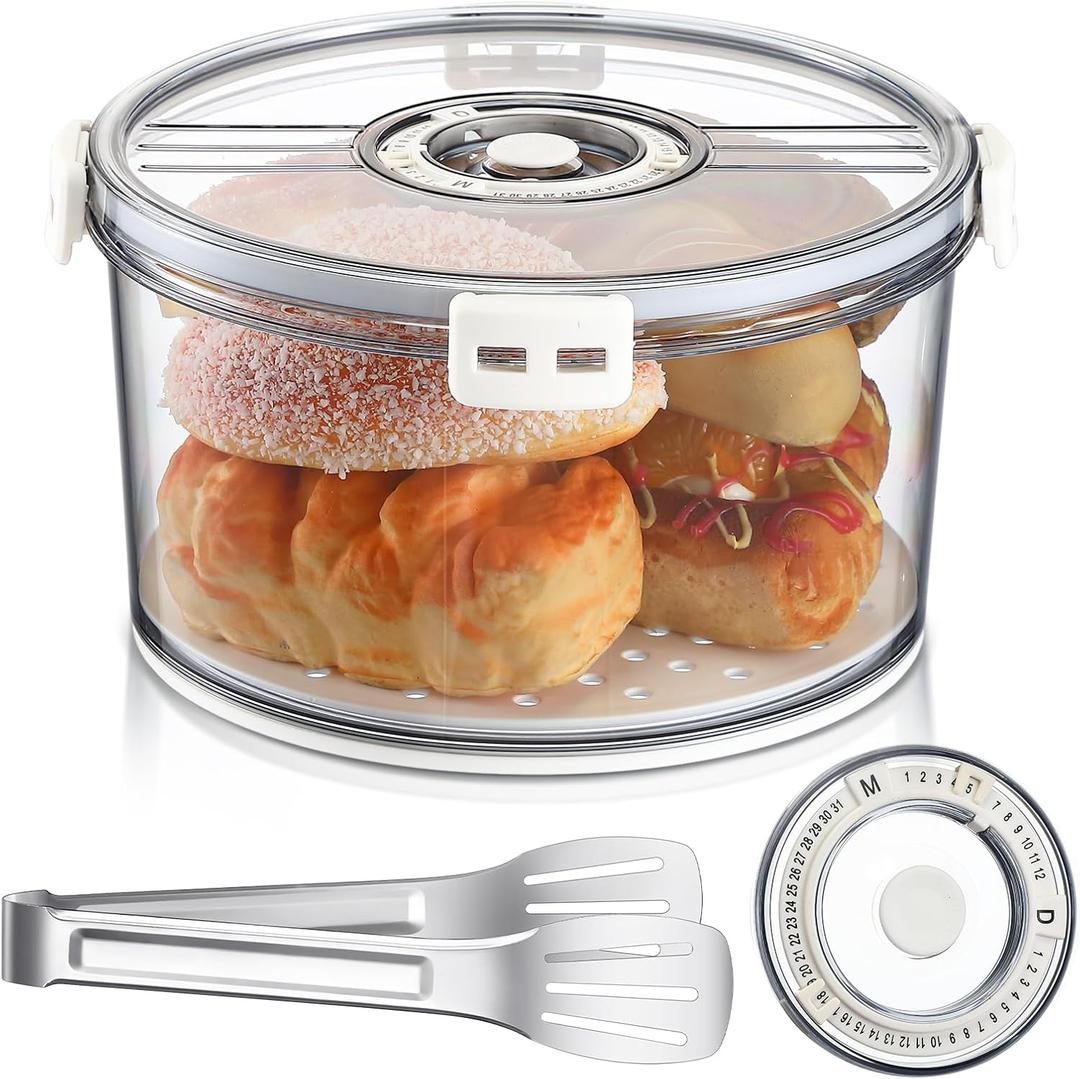Baderke 8.86 Inches Airtight Bread Box with Stainless Steel Bread Tong Bun Storage Container Round Time Recording Pastry Keeper with Lid for Homemade Loaf Bagel Cookies Toast and Cupcakes