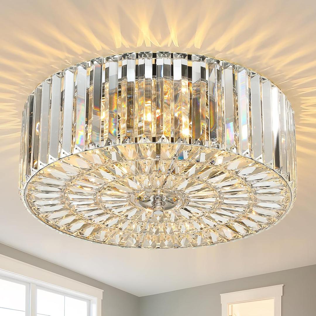 17.5" Large Crystal Ceiling Light, 4-Lights Flush Mount Crystal Ceiling Light, Chrome Ceiling Lamp Modern Chandelier for Bedroom, Dining Room,Living Room, XDD007-4-CH
