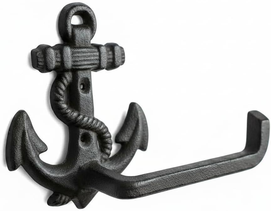 Comfy Hour 9" Cast Iron Anchor Toilet Paper Holder, Decorative Nautical Bathroom Decor, Vintage Coastal Wall Mount Paper Roll Hanger, Heavy Duty Maritime Decor for Beach House, Brown, 1 Pack