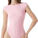 SUUKSESS Women Backless Y2k Short Sleeve Bodysuit Double Lined Open Back Sexy Basic Top, M