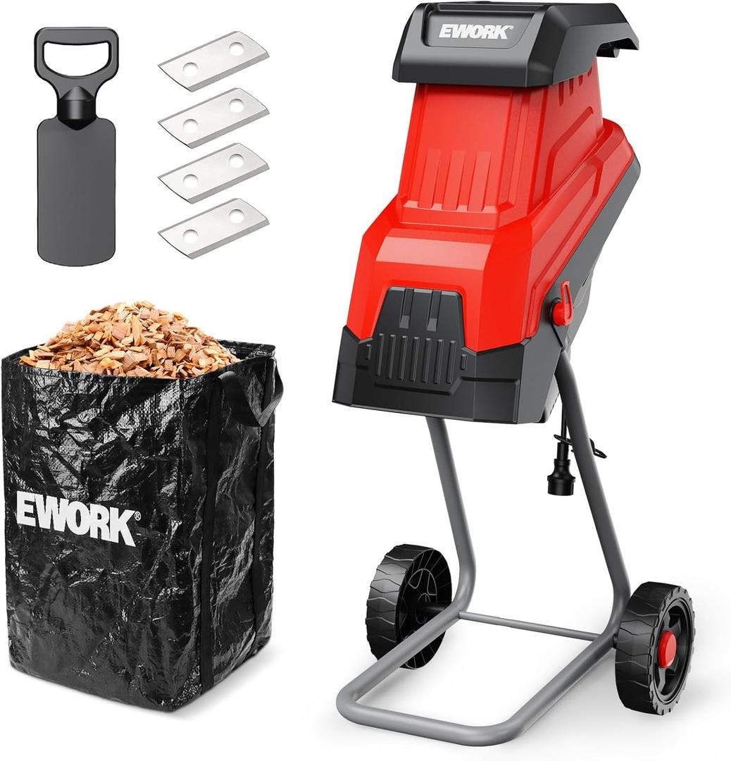 EWORK 15-Amp Electric Wood Chipper Shredder, 15:1 High Reduction Ratio with 4 Steel Blades Included, 1.77 Inch Capacity, Garden Mulcher for Composting Branches and Twigs