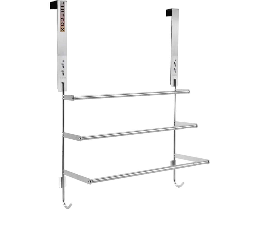 TIUTCOX Over The Door Towel Rack, 304 Stainless Steel Towel Racks for Bathroom with 3Tier Adjustable Pole, 2 PunchFree Screw Stickers, 22.83 * 17.7129.52 * 6.14 Inch, Silver