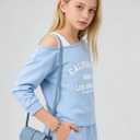 Tween Girls Clothes Off The Shoulder Sweatshirt and Wide Leg Sweatpants Sweatsuit Size 7-14 (Blue, S)
