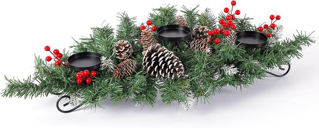 31.5 Christmas Centerpiece with 3 Candle Holders, Artificial Table Decorations with Pine Cones/Red Berries/Steel Base, Christmas Decorations Indoor, Xmas Tabletop Decor for Festival Home Decoration