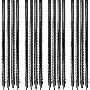 16 inches Ground Rebar Stakes (16 pcs) Heavy Duty Metal Spikes for Concrete Timber Garden Plant, Long Straight Steel Stakes for Tent, 3/8" Thickness Ground Anchors with Chisel Point End, Black