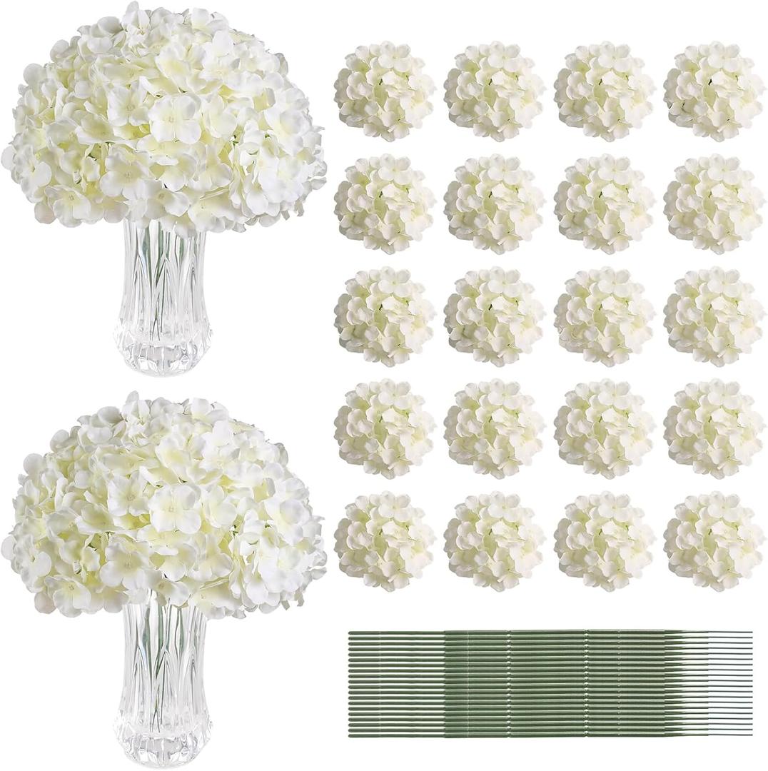 Veryhome 20Pcs White Hydrangea Artificial Flowers, Ivory Faux Hydrangea Flowers, Silk Flowers Heads with Stems, Fake Hydrangeas for Home Decor Wedding Party Centerpieces DIY Floral Arrangements