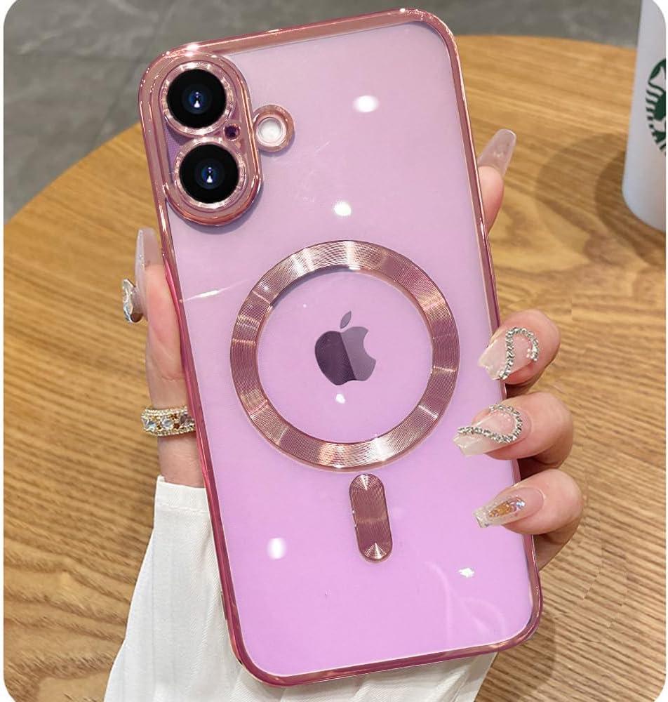 Magnetic Case for iPhone 16 Plus Case Clear Compatible with MagSafe Built-in Camera Lens Protector Soft Slim Shockproof Phone Case Cover for iPhone 16 Plus 6.7"- Pink