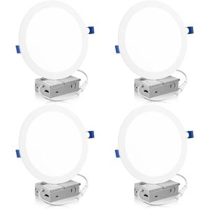 Meconard 4 Pack 8 Inch 5CCT LED Recessed Ceiling Light with Junction Box, 2700K/3000K/3500K/4000K/5000K Selectable Ultra-Thin Lighting, Dimmable 18W=125W, 1500LM, IC Rated Can-Killer Downlights, ETL