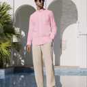 Alimens & Gentle Men's Cotton Linen Shirts Long Sleeve Button Down Shirt Band Collar Beach Shirts (Pink, M)