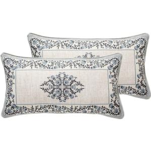 Design Linen Rectangle Throw Pillow Covers 12"x20" Pack of 2, Cottage Farmhouse Cushion Covers with Blue Grey Thorn Vine Pattern Decoration Pillowcases for Bed, Living Room, Outdoor, Car