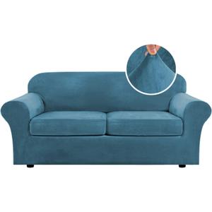H.VERSAILTEX Real Velvet Plush 3 Piece Stretch Sofa Covers Couch Covers for 2 Cushion Couch Sofa Slipcovers Width Up to 90 Inch Feature Thick Soft Stay in Place (Large Sofa, Peacock Blue)