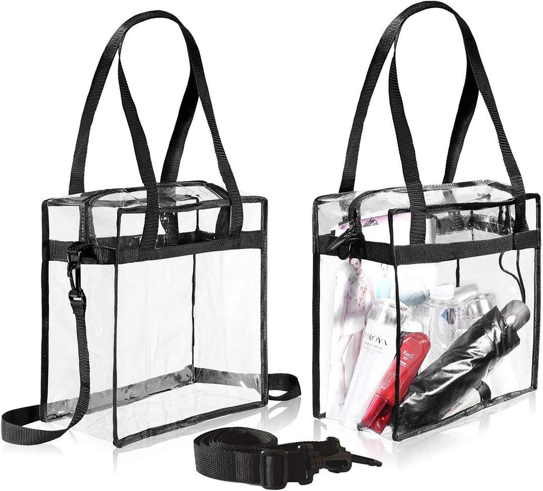 BAGAIL Clear Bags Stadium Approved Clear Tote Bag with Zipper Closure Crossbody Shoulder Bag with Adjustable Strap(12x12x6in) (Black Two Pack)