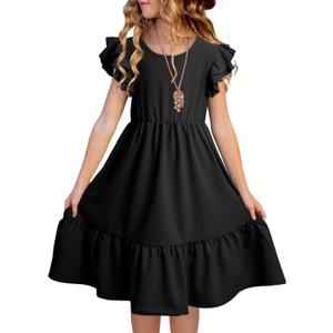 blibean Teen Girls Dresses Kids Double Layer Ruffle Sleeve Dress Size 6-15 Years (12-13 Years)