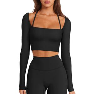 LASLULU Womens Sexy Square Neck Crop Top Ribbed Seamless Long Sleeve Workout Tops Halter Neck Athletic Yoga (Small, Black)