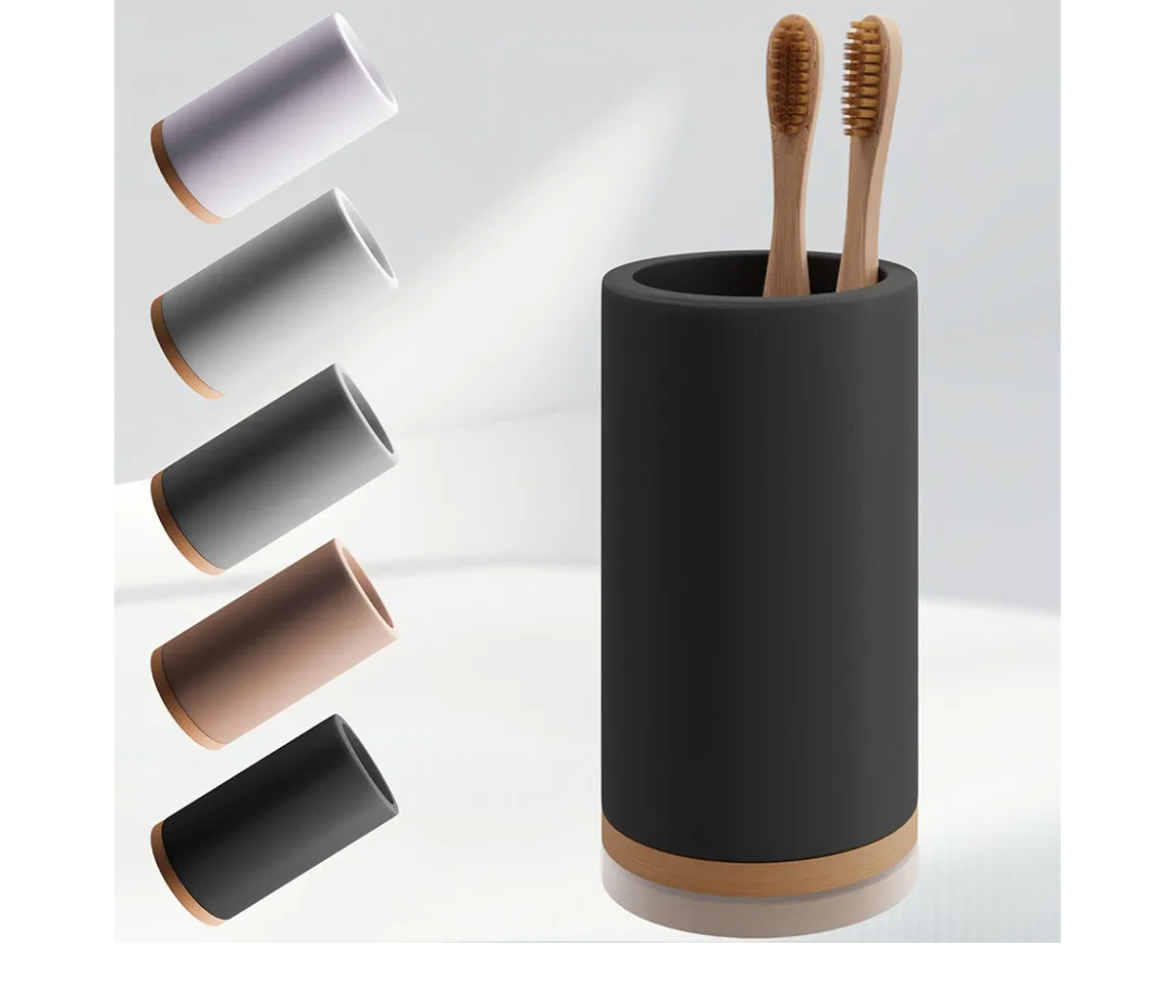 Matani Bamboo Toothbrush Holder Diatomite Tooth Brush Organizer - Storage Stand for Small Bathroom & Counter - Removable Base & Drain Holes, Water-Absorbent & Quick-Drying (Black)