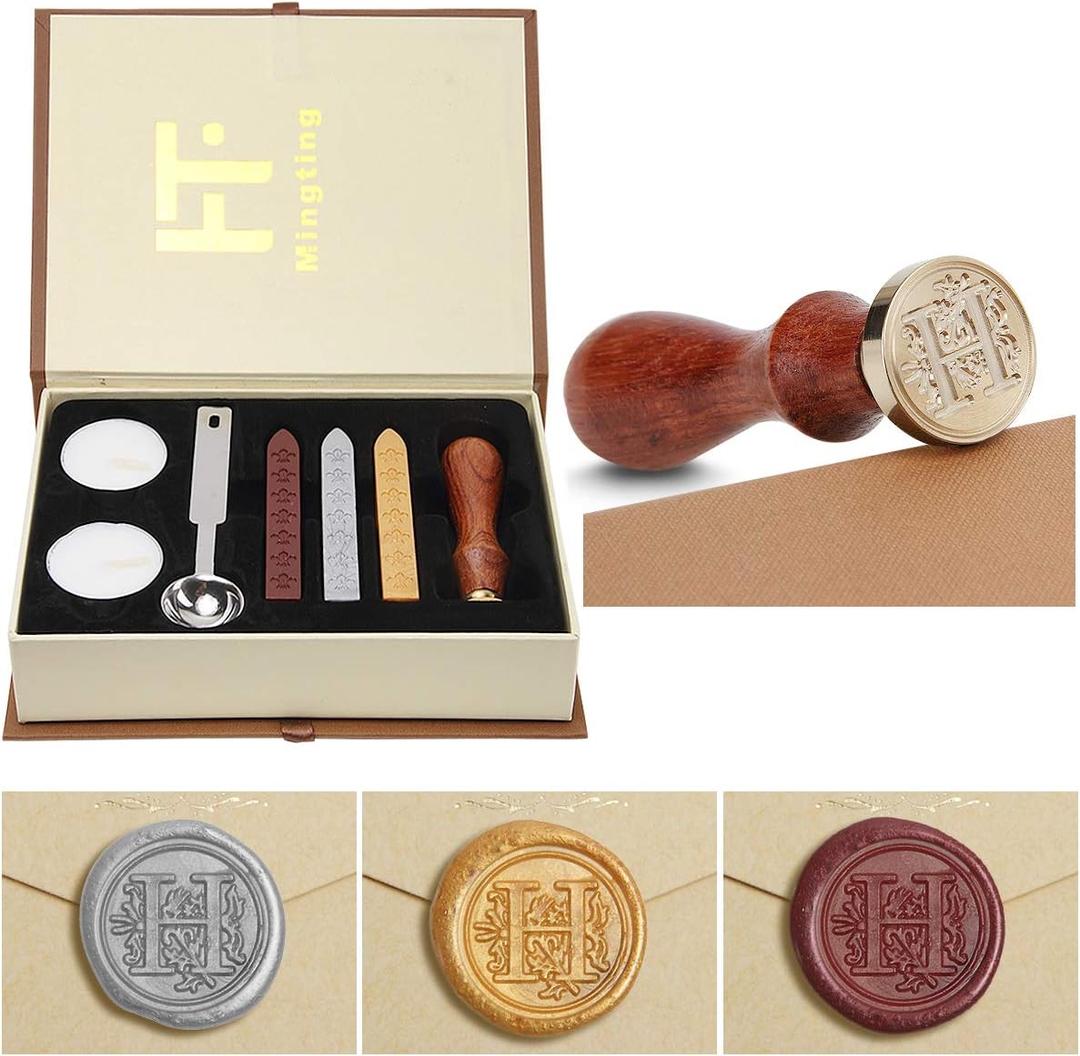Mingting Wax Seal Stamp Kit,Mingting Classical Old-Fashioned Antique Wax Stamp Seal Kit Initial Letters Alphabet Set Gift Box with Vintage Wooden Handle and Brass Color Head(H)