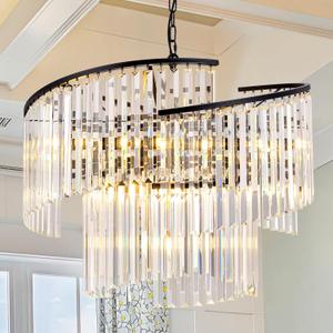 Wellmet 9-Light Crystal Chandelier, 28" Black Crystal Chandelier for Dining Room, Modern Adjustable Height Ceiling Pendant Light Fixture for Entryway, Living Room, Kitchen, Bedroom, Hallway, Staircase