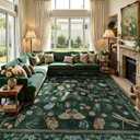 Dark Green Insect Large Area Rugs 9x12 for Living Room Indoor, Butterfly Dining Room Rug Under Table, Low-Pile Machine Washable Floral Non Slip Soft Bug Rug for Bedroom Playroom Office with Flower