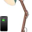 ELYONA LED Desk Lamp with Wireless Charger, Sapele Wood Reading Light with USB C Charging Port, Swing Arm Table Lamp for Home Office, College Dorm, Bedroom Living Room, Bulb Included, Vintage Green