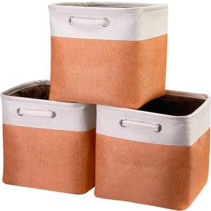 Fabric Cube Storage Boxes Foldable Storage Bins 13-Inch Orange and Beige Patchwork Storage Baskets Cube Storage Bins with Handle Cube Inserts Storage for Home and Office Supplies 3 Pcs/Pack, Sy-1