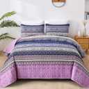 WONGS BEDDING Boho King Quilt Set, Purple Bohemian Quilt Bedding Set, Lightweight Bed Decor Bedspread for All Season Reversible Microfiber Coverlet Bedding Set 110"x90"(3 Pieces)