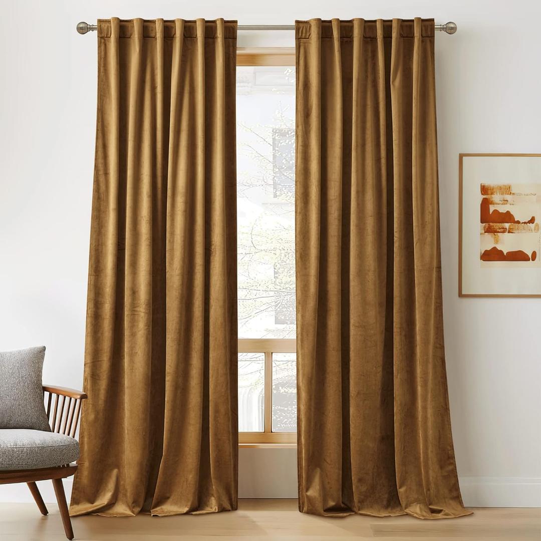RYB HOME Velvet Curtains 96 inches, Soft Durable Drapes Room Darkening Privacy Window Treatment Farmhouse Decor for Living Room Sliding Glass Door, Golden Brown, W52 x L96 inches, Set of 2
