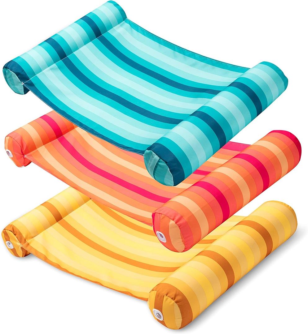 Sloosh Pack of 3 4-in-1 Inflatable Pool Floats - Water Hammock Lounges, Multi-Purpose Swimming Pool Accessories (Saddle, Lounge Chair, Drifter) for Pool, Lake, Outdoor, Beach (Cyan/Orange/Red)