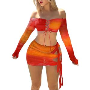 SOLY HUX Women's 3 Piece Bathing Suit Gradient Off Shoulder Long Sleeve Swimsuit Bikini Sets with Beach Skirt XL