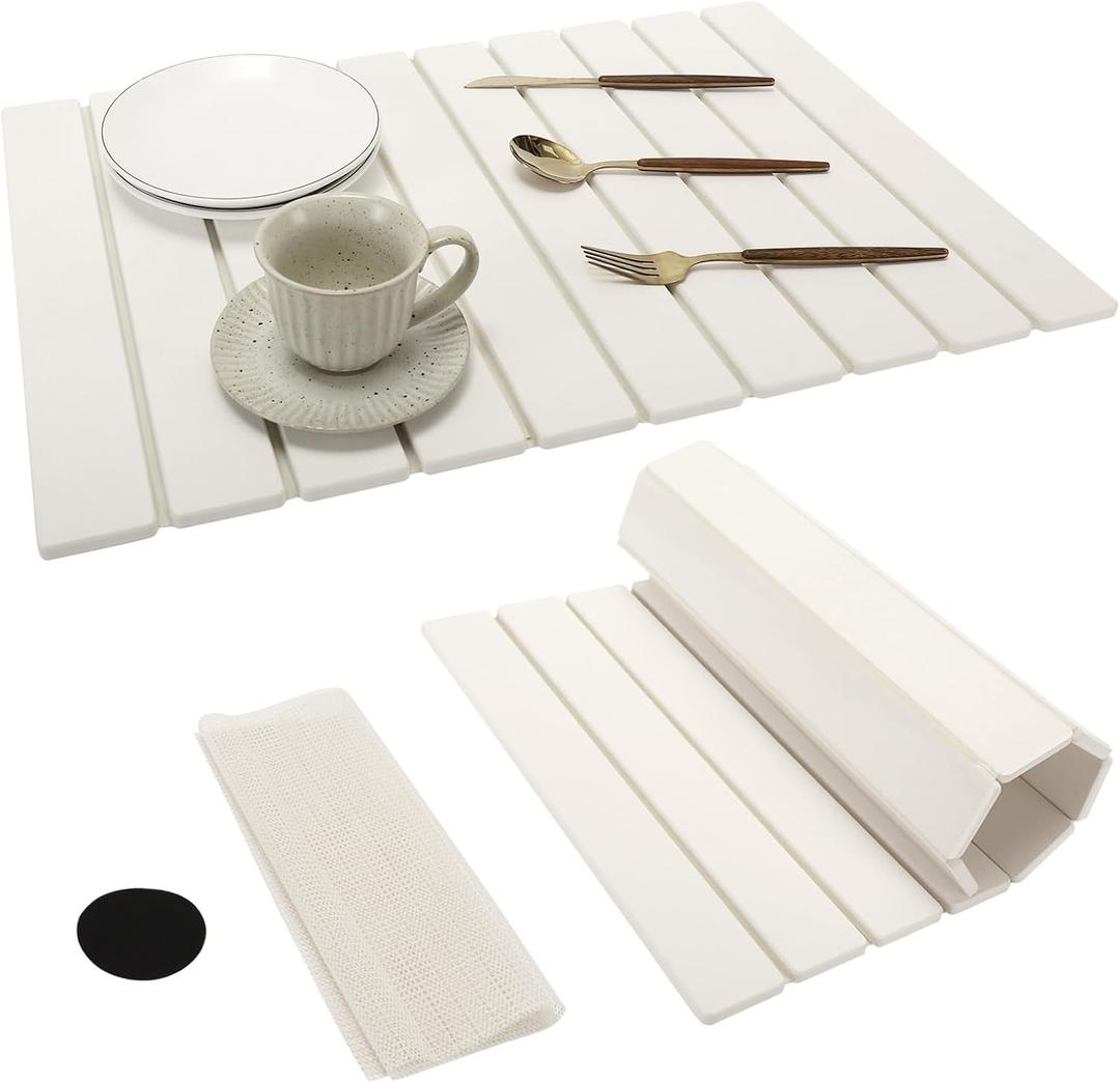 Stone Drying Mat for Kitchen Counter,Fast Drying Collapsible Dish Drying Mat,Eco-Friendly Absorbent Diatomaceous Earth Bath Mat for Kitchen Dishes Bottles Cups Bathroom Any Countertop-White